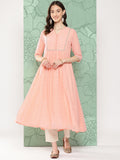 Janasya Women's Peach Georgette Embossed Work Festive Gathered Kurta