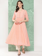 Janasya Women's Peach Georgette Embossed Work Festive Gathered Kurta