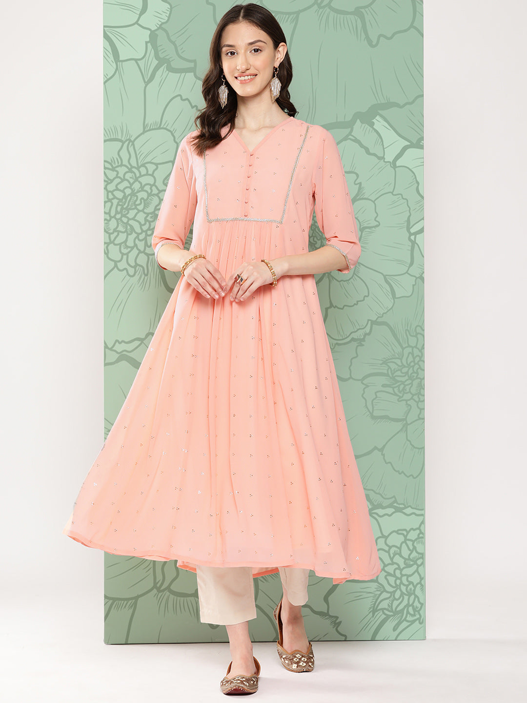 Janasya Women's Peach Georgette Embossed Work Festive Gathered Kurta