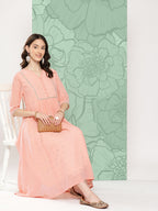 Janasya Women's Peach Georgette Embossed Work Festive Gathered Kurta