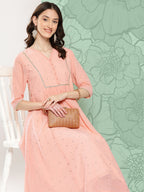 Janasya Women's Peach Georgette Embossed Work Festive Gathered Kurta