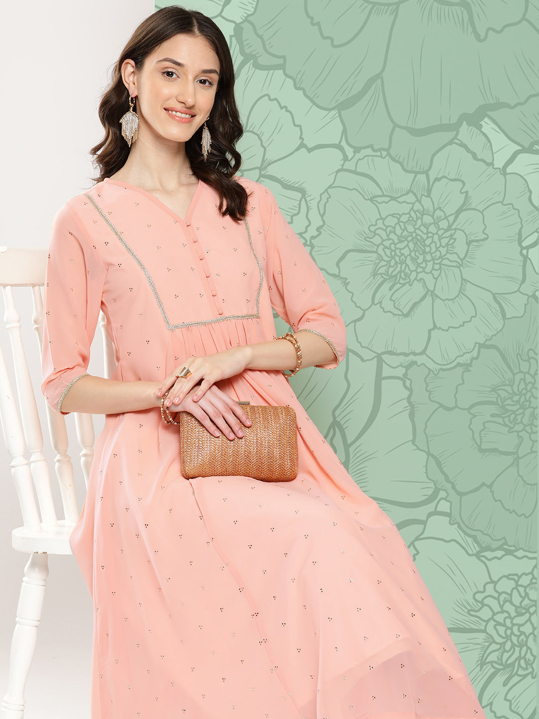 Janasya Women's Peach Georgette Embossed Work Festive Gathered Kurta