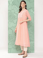 Janasya Women's Peach Georgette Embossed Work Festive Gathered Kurta