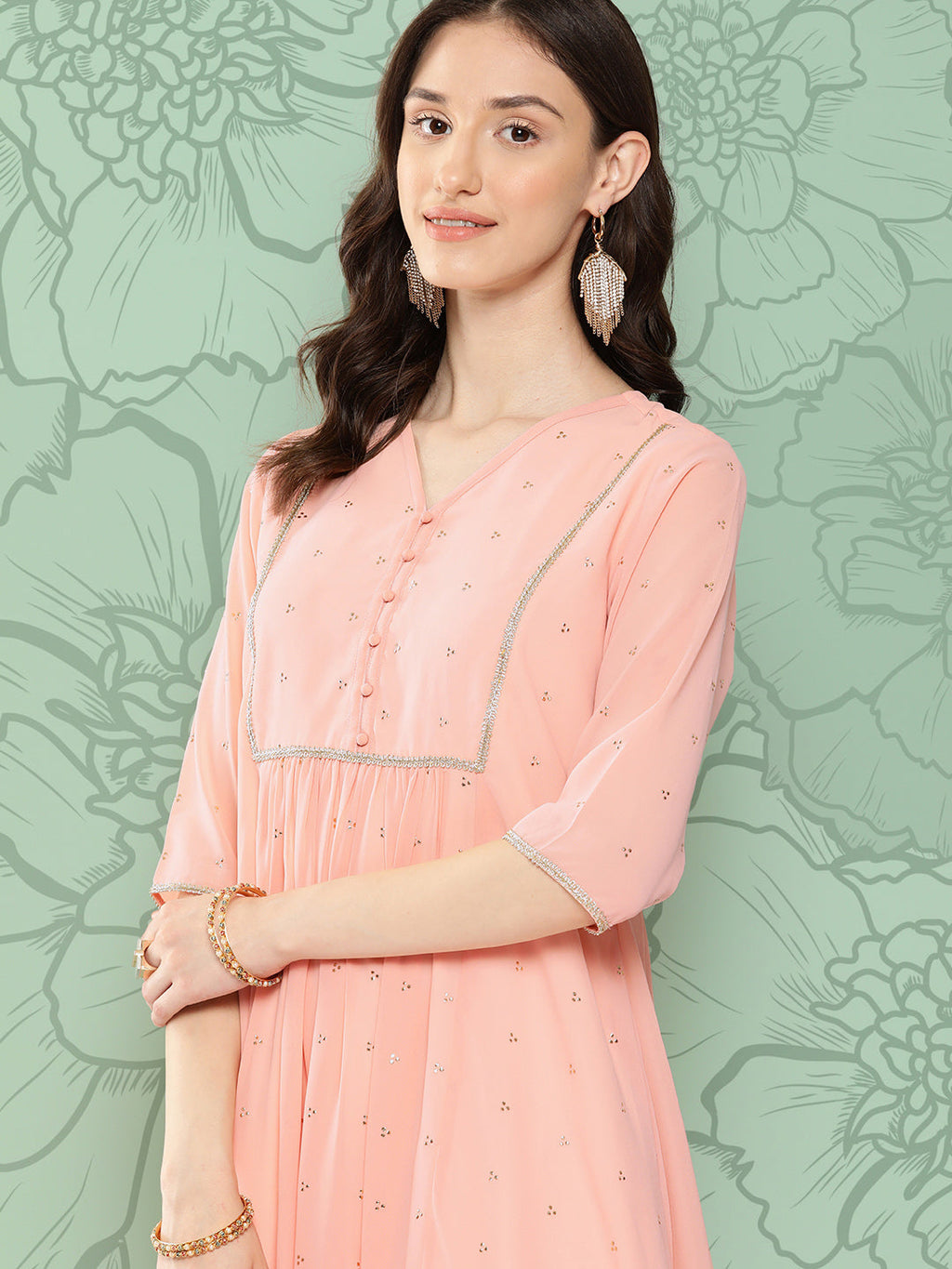 Janasya Women's Peach Georgette Embossed Work Festive Gathered Kurta