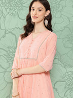 Janasya Women's Peach Georgette Embossed Work Festive Gathered Kurta