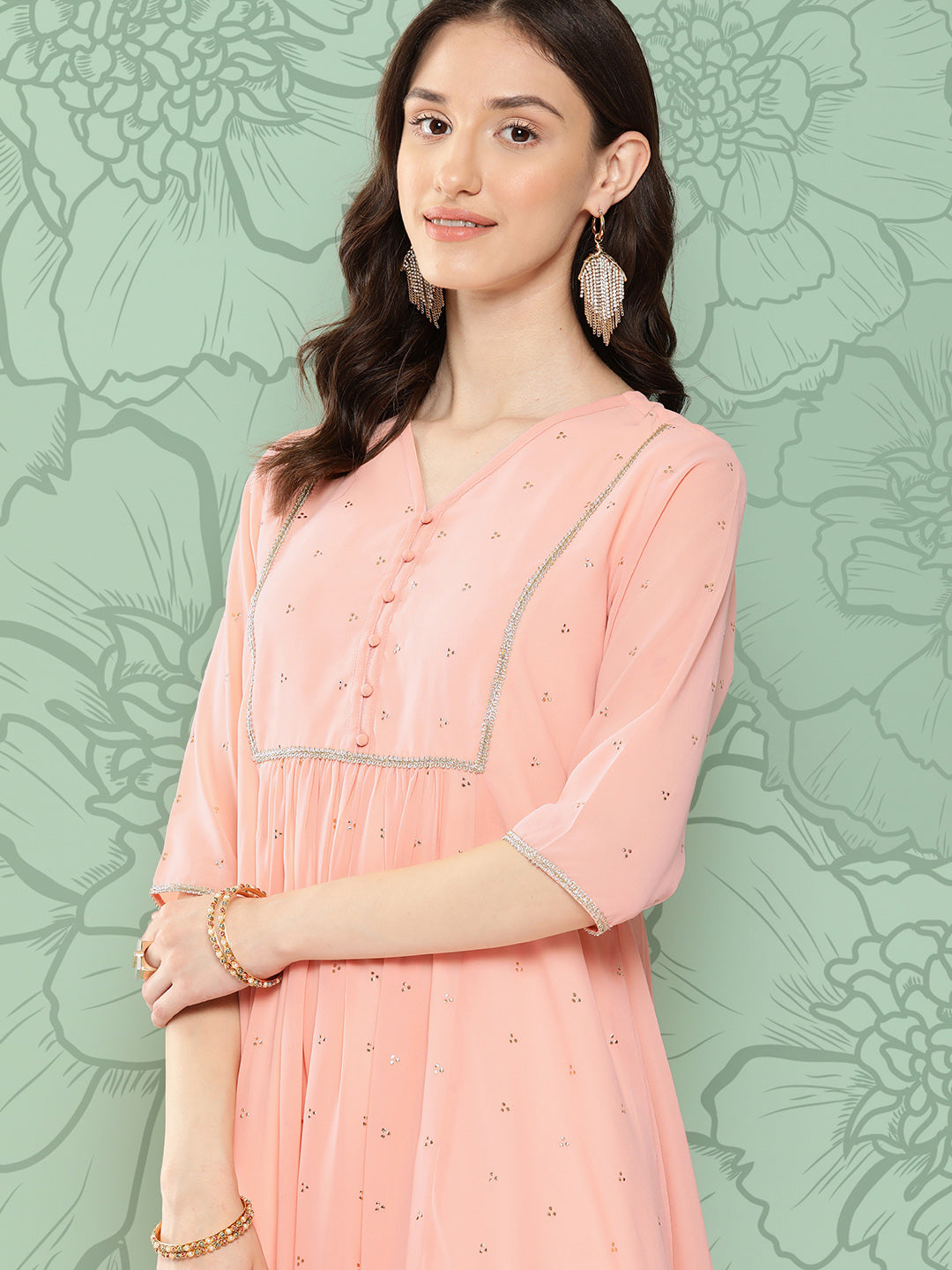Janasya Women's Peach Georgette Embossed Work Festive Gathered Kurta