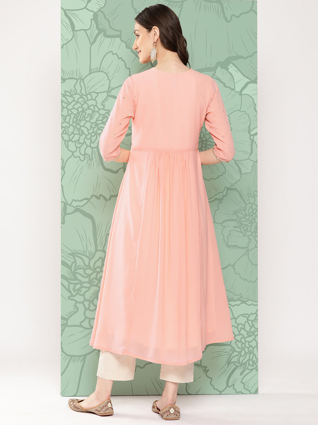 Janasya Women's Peach Georgette Embossed Work Festive Gathered Kurta