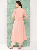 Janasya Women's Peach Georgette Embossed Work Festive Gathered Kurta