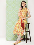 Janasya Women's Yellow Moss Digital Floral Printed Casual Straight Kurta