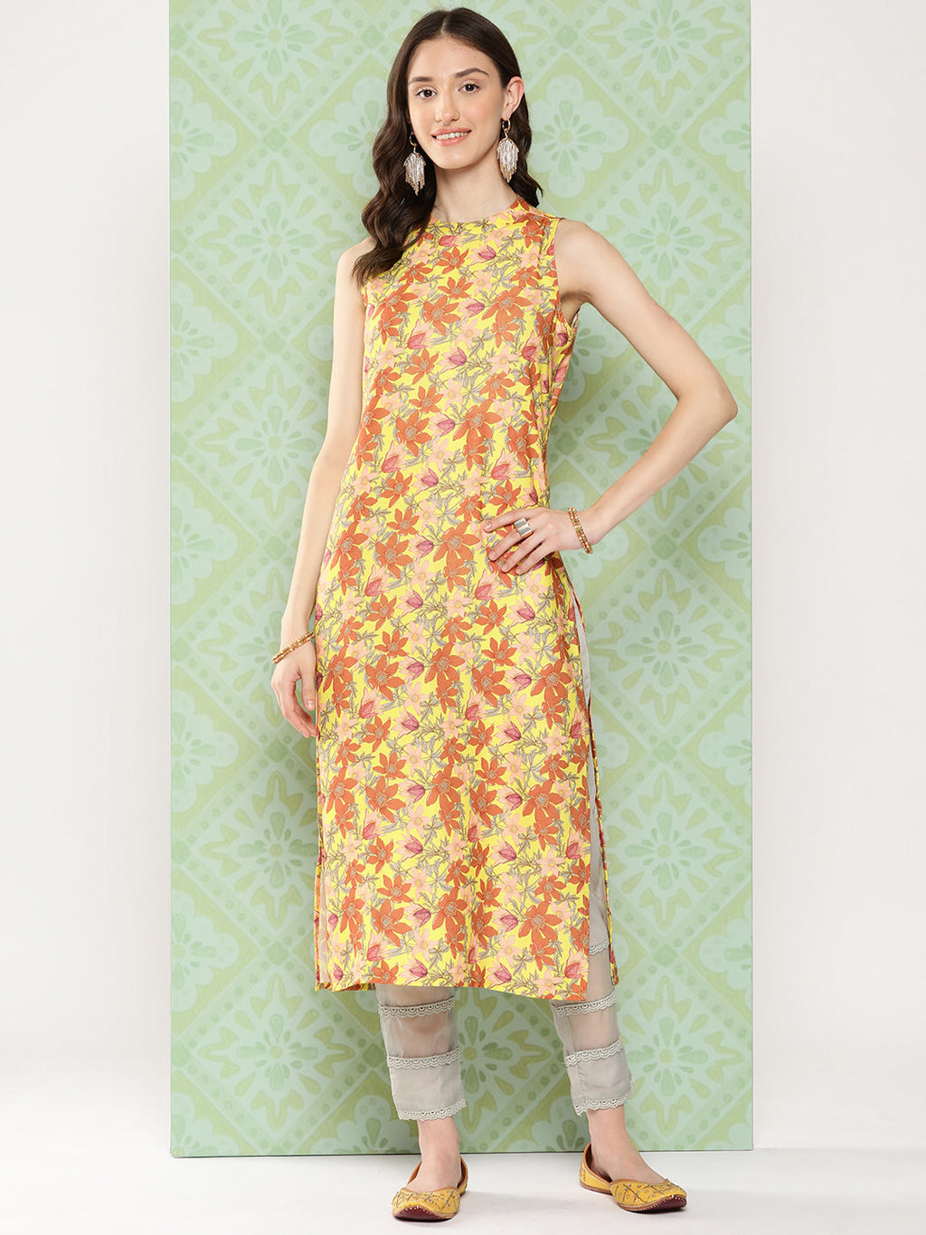 Janasya Women's Yellow Moss Digital Floral Printed Casual Straight Kurta