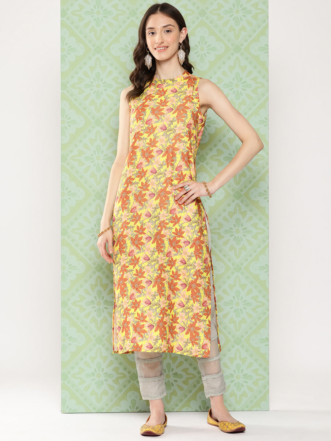 Janasya Women's Yellow Moss Digital Floral Printed Casual Straight Kurta