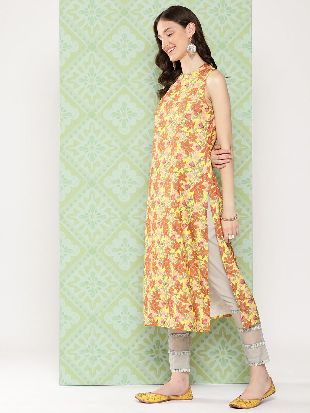 Janasya Women's Yellow Moss Digital Floral Printed Casual Straight Kurta