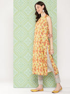 Janasya Women's Yellow Moss Digital Floral Printed Casual Straight Kurta