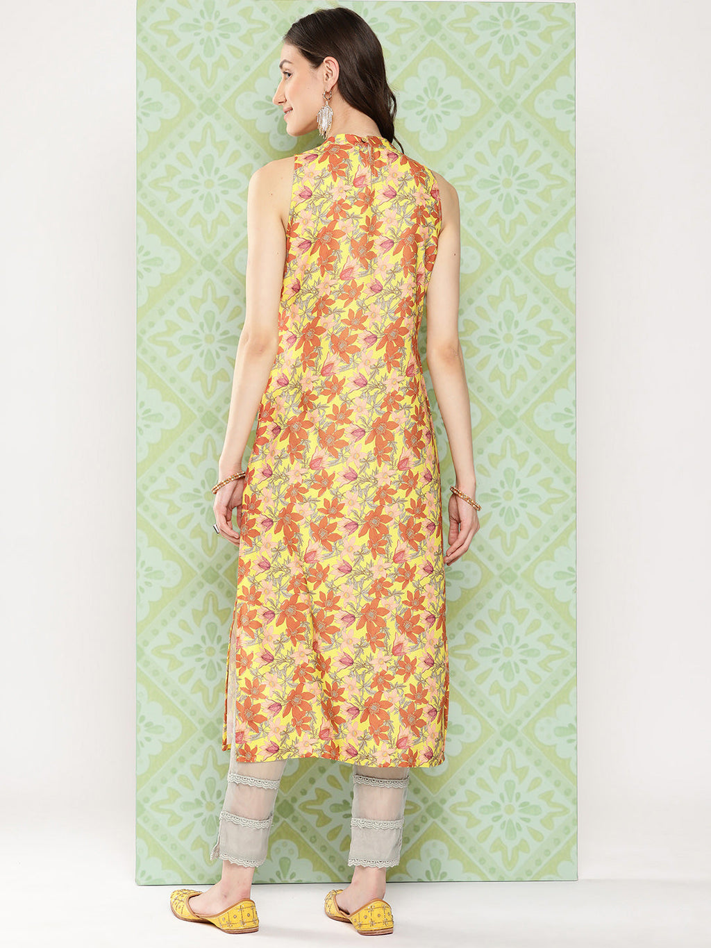 Janasya Women's Yellow Moss Digital Floral Printed Casual Straight Kurta