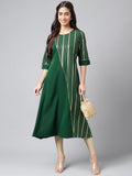Janasya Women's Dark Green Crepe Foil Printed Casual A-Line Kurta
