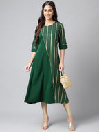 Janasya Women's Dark Green Crepe Foil Printed Casual A-Line Kurta