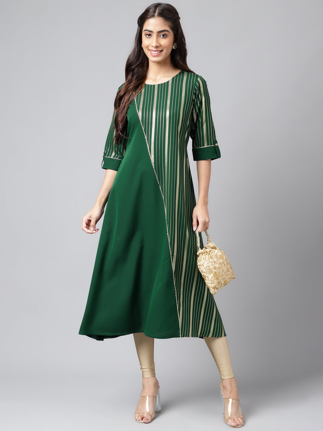 Janasya Women's Dark Green Crepe Foil Printed Casual A-Line Kurta