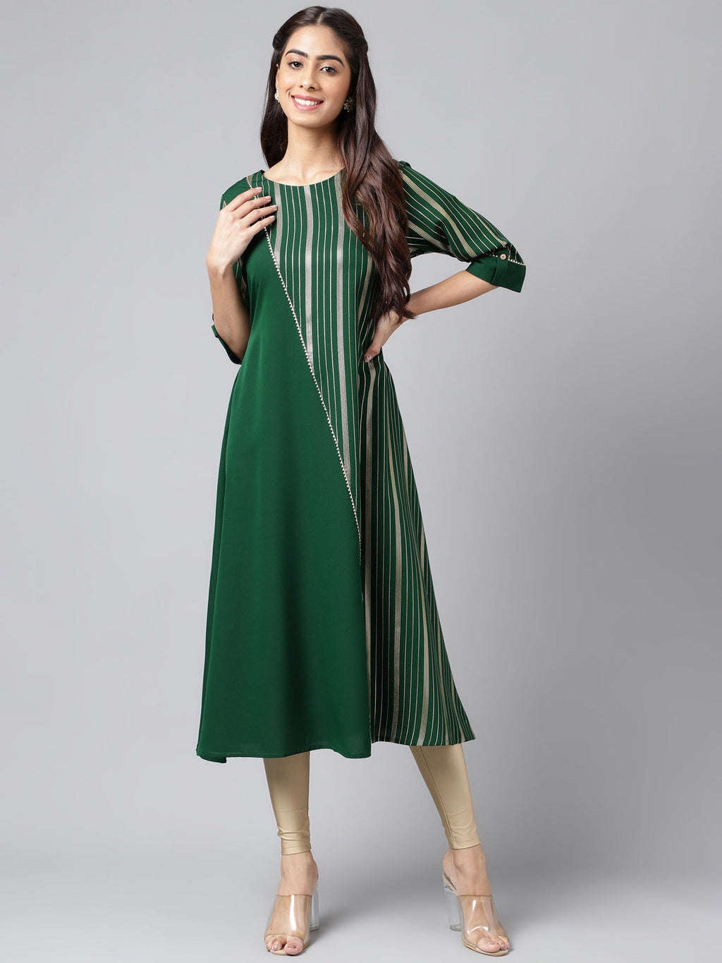Janasya Women's Dark Green Crepe Foil Printed Casual A-Line Kurta