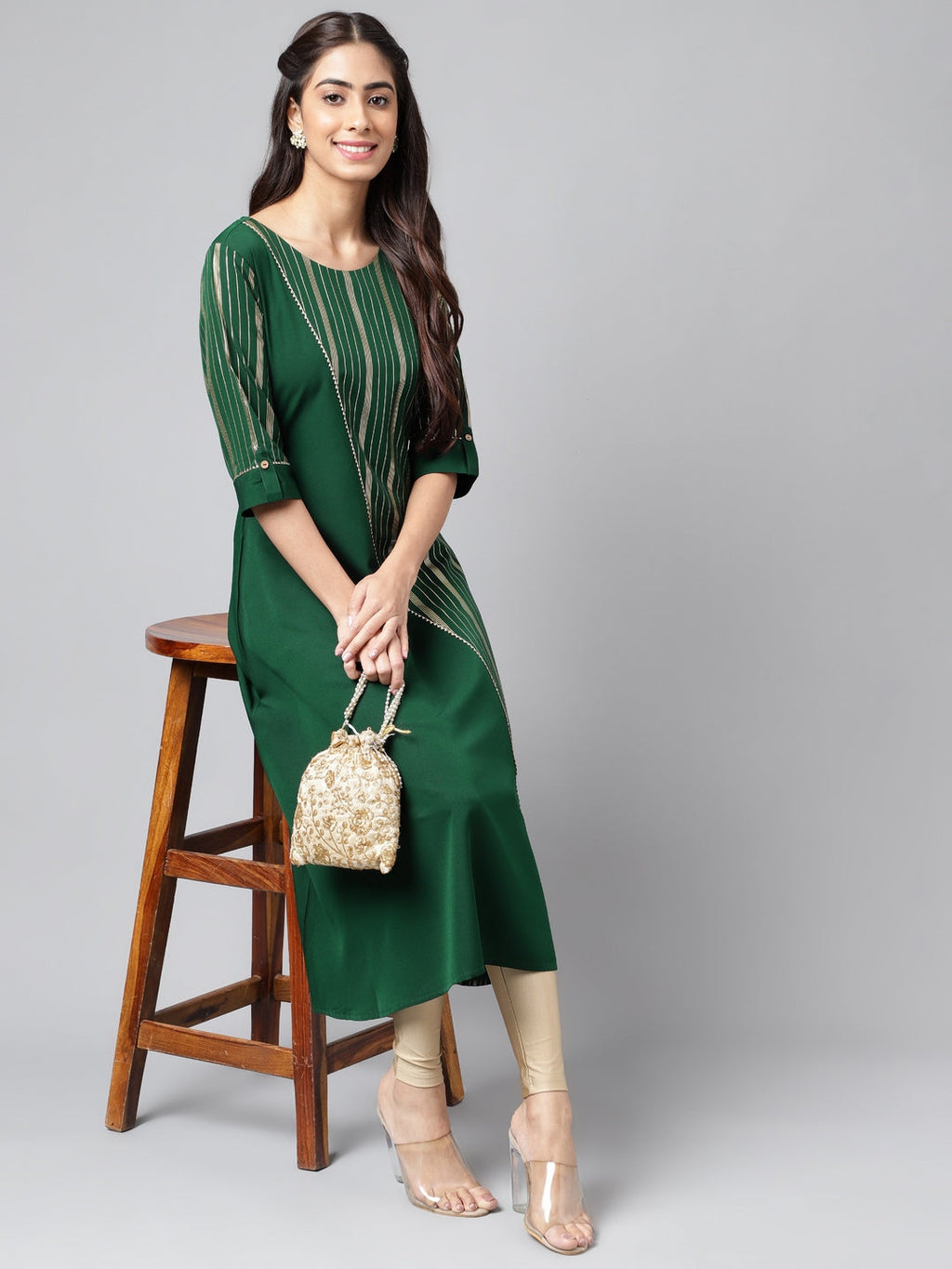 Janasya Women's Dark Green Crepe Foil Printed Casual A-Line Kurta