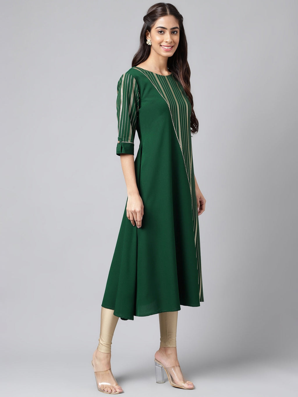 Janasya Women's Dark Green Crepe Foil Printed Casual A-Line Kurta
