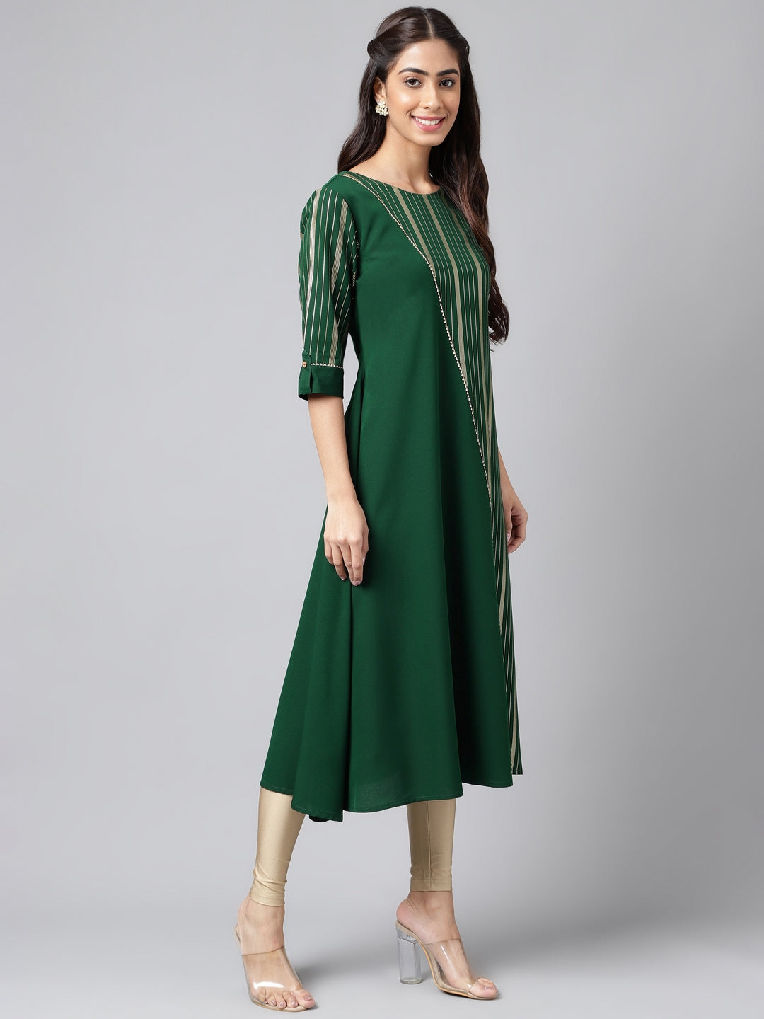 Janasya Women's Dark Green Crepe Foil Printed Casual A-Line Kurta