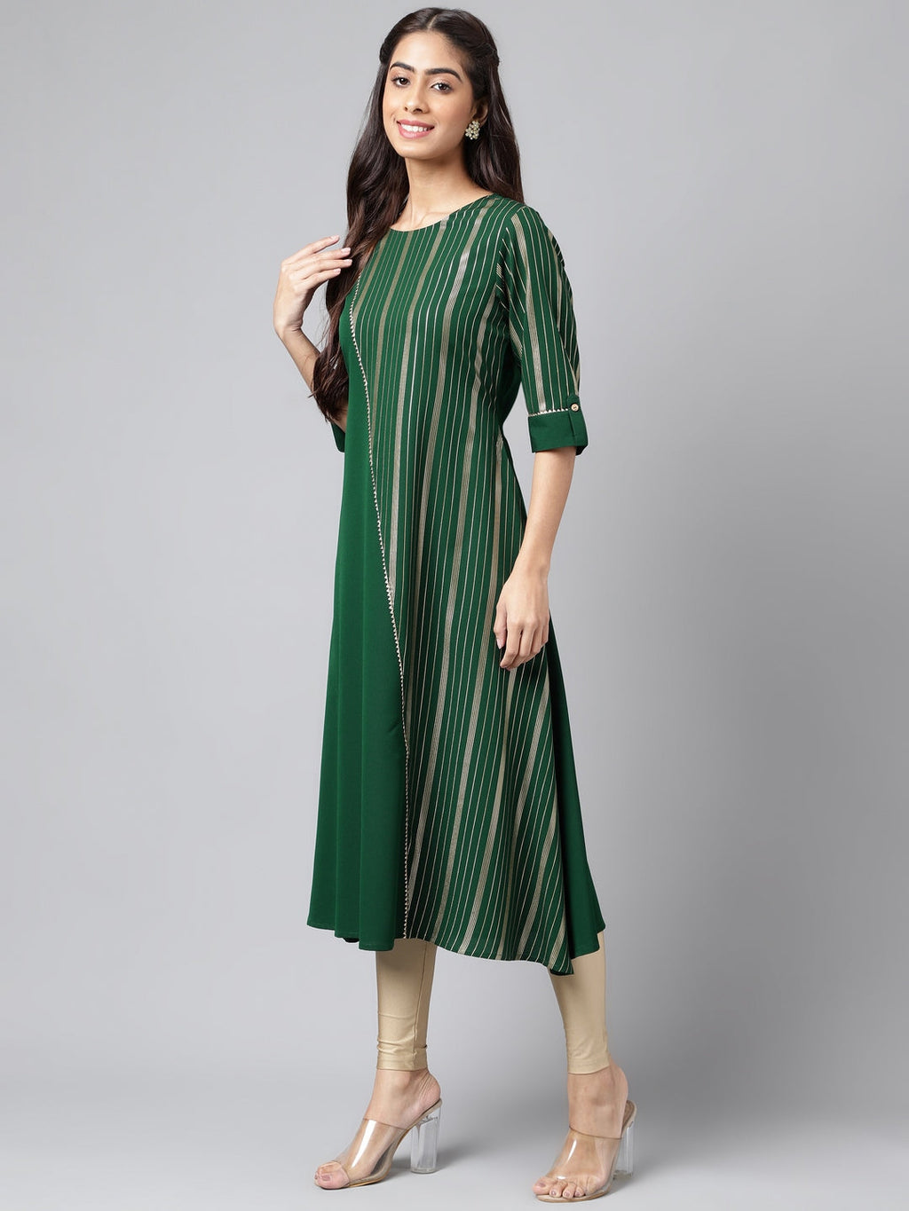Janasya Women's Dark Green Crepe Foil Printed Casual A-Line Kurta