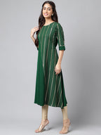 Janasya Women's Dark Green Crepe Foil Printed Casual A-Line Kurta