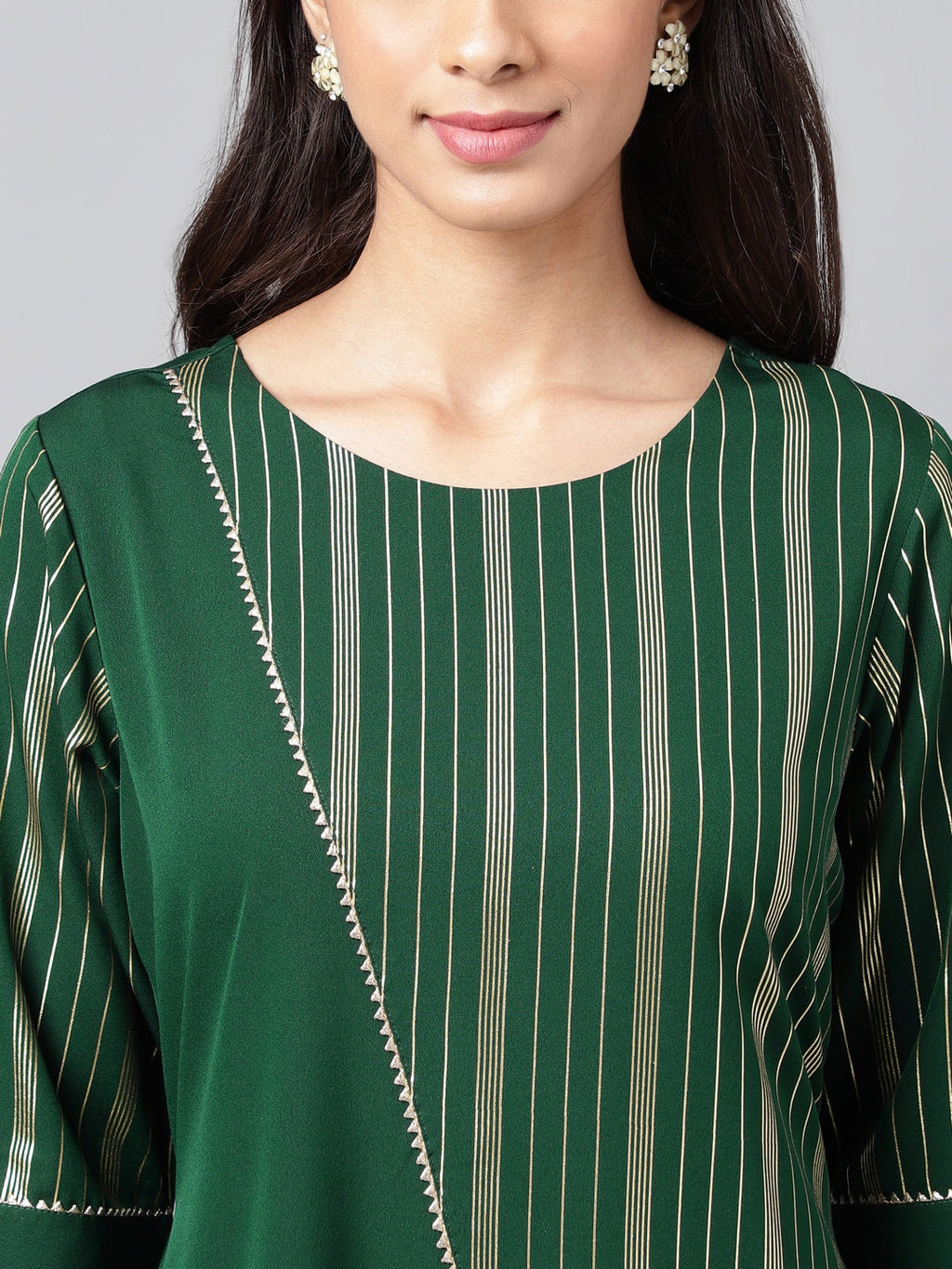 Janasya Women's Dark Green Crepe Foil Printed Casual A-Line Kurta