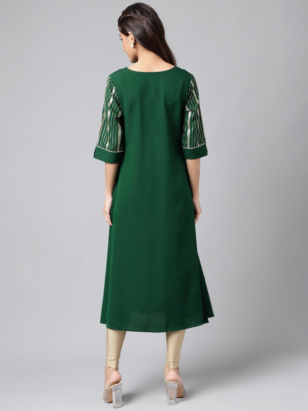 Janasya Women's Dark Green Crepe Foil Printed Casual A-Line Kurta