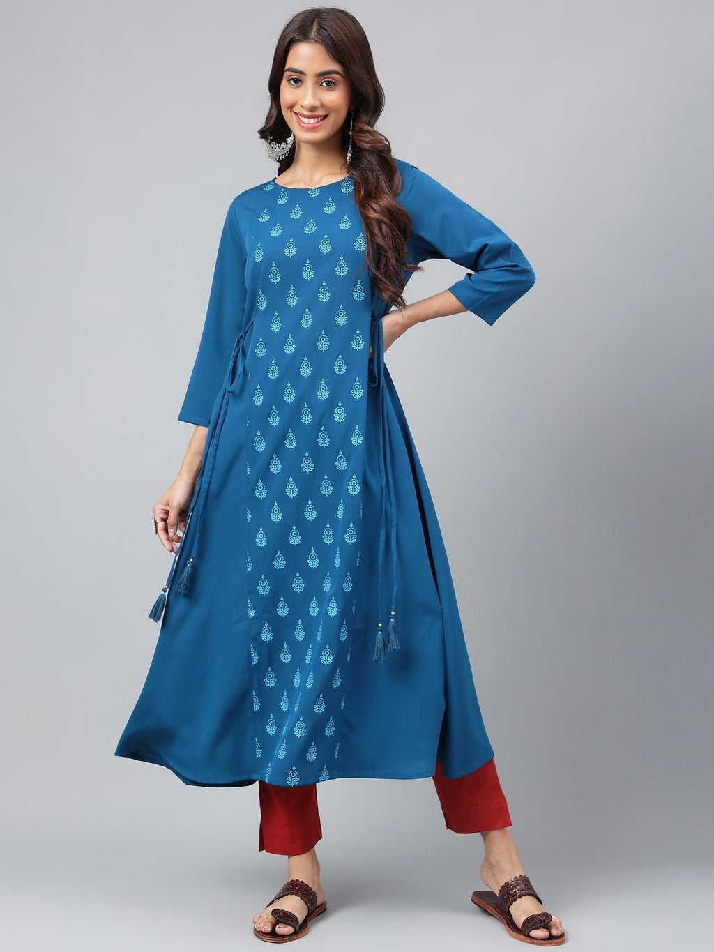 Janasya Women's Teal Blue Crepe Ethnic Motif Printed Festive A-Line Kurta