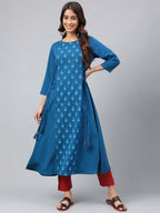 Janasya Women's Teal Blue Crepe Ethnic Motif Printed Festive A-Line Kurta
