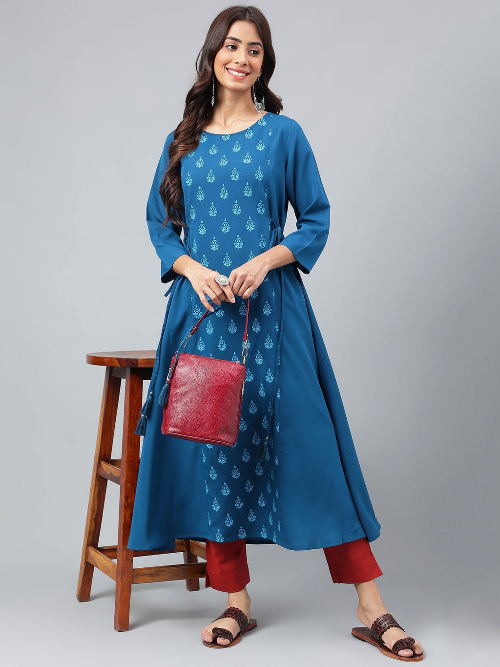 Janasya Women's Teal Blue Crepe Ethnic Motif Printed Festive A-Line Kurta