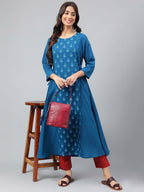 Janasya Women's Teal Blue Crepe Ethnic Motif Printed Festive A-Line Kurta