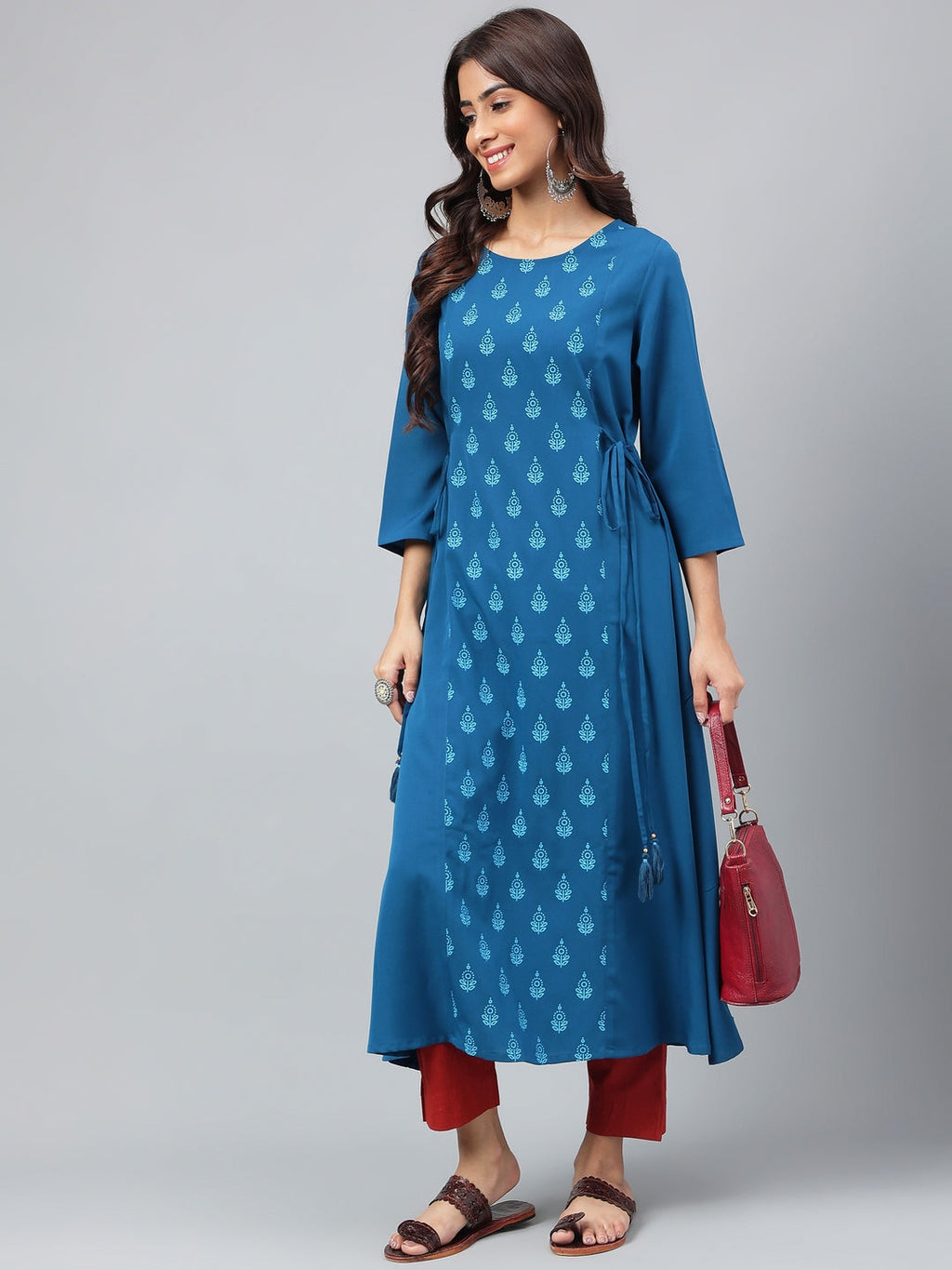 Janasya Women's Teal Blue Crepe Ethnic Motif Printed Festive A-Line Kurta