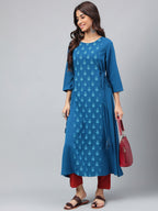 Janasya Women's Teal Blue Crepe Ethnic Motif Printed Festive A-Line Kurta