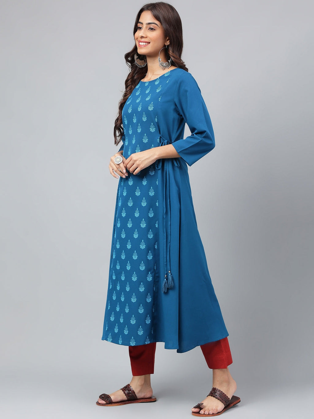 Janasya Women's Teal Blue Crepe Ethnic Motif Printed Festive A-Line Kurta