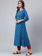 Janasya Women's Teal Blue Crepe Ethnic Motif Printed Festive A-Line Kurta