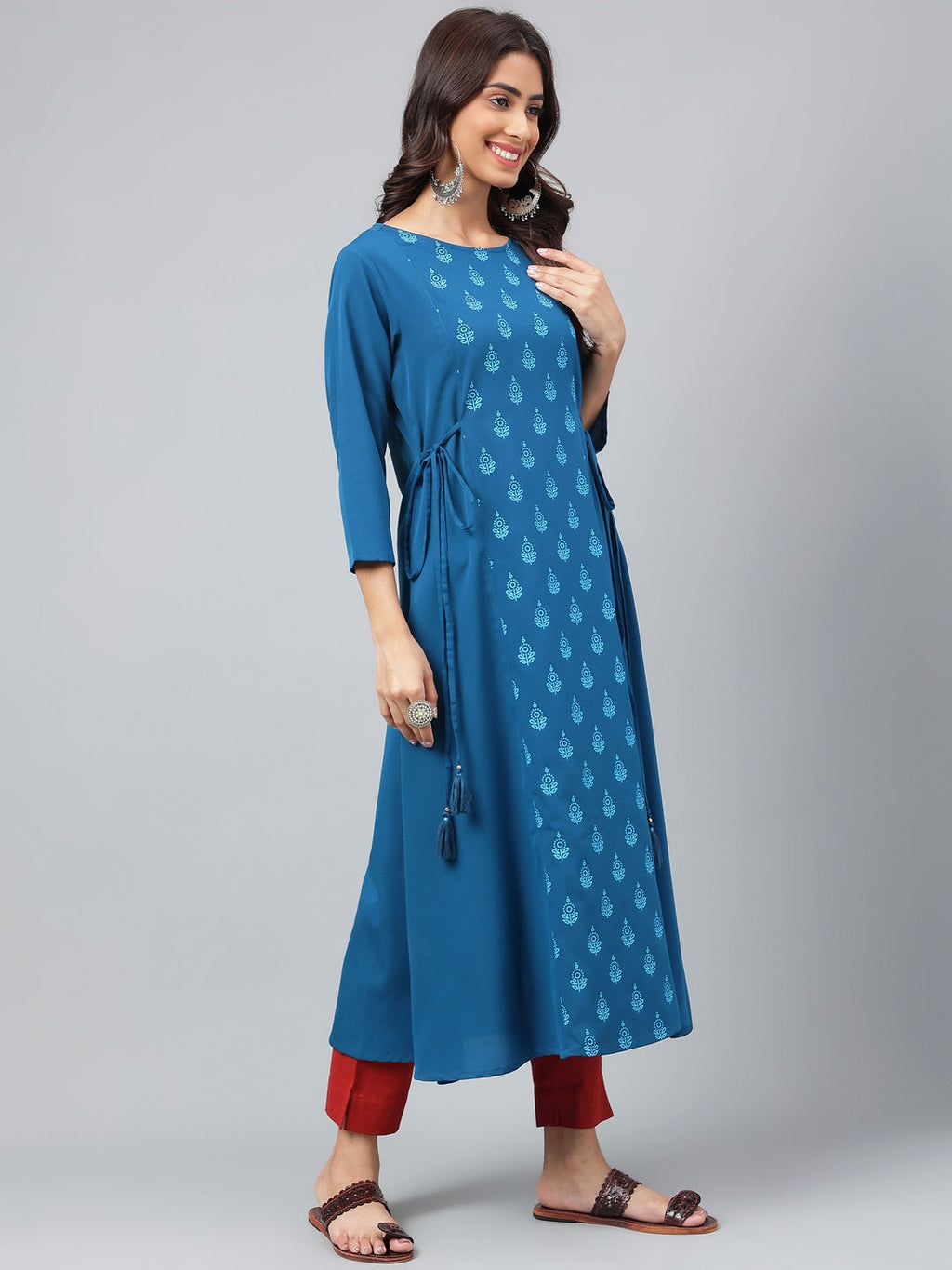 Janasya Women's Teal Blue Crepe Ethnic Motif Printed Festive A-Line Kurta
