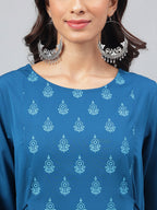 Janasya Women's Teal Blue Crepe Ethnic Motif Printed Festive A-Line Kurta
