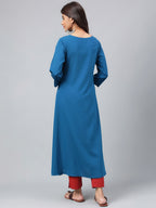 Janasya Women's Teal Blue Crepe Ethnic Motif Printed Festive A-Line Kurta