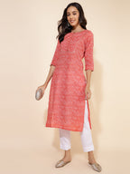 Janasya Red Cotton Striped Casual Kurta