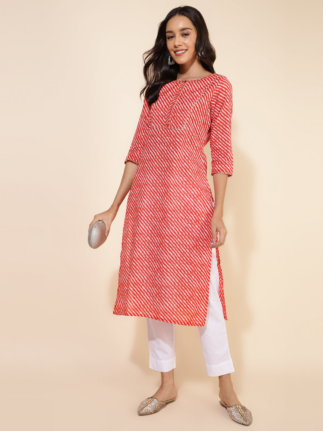 Janasya Red Cotton Striped Casual Kurta