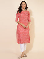 Janasya Red Cotton Striped Casual Kurta