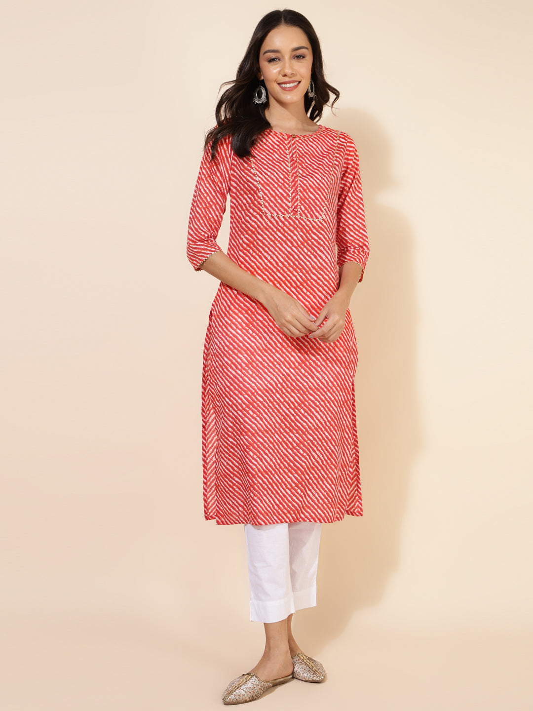 Janasya Red Cotton Striped Casual Kurta