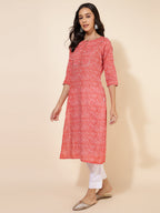 Janasya Red Cotton Striped Casual Kurta