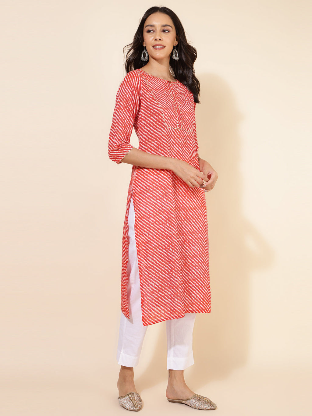 Janasya Red Cotton Striped Casual Kurta
