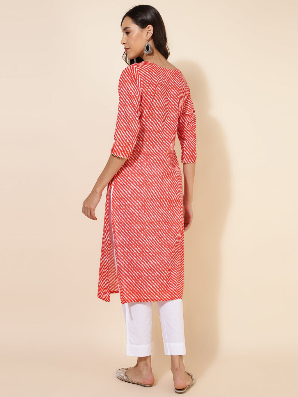 Janasya Red Cotton Striped Casual Kurta