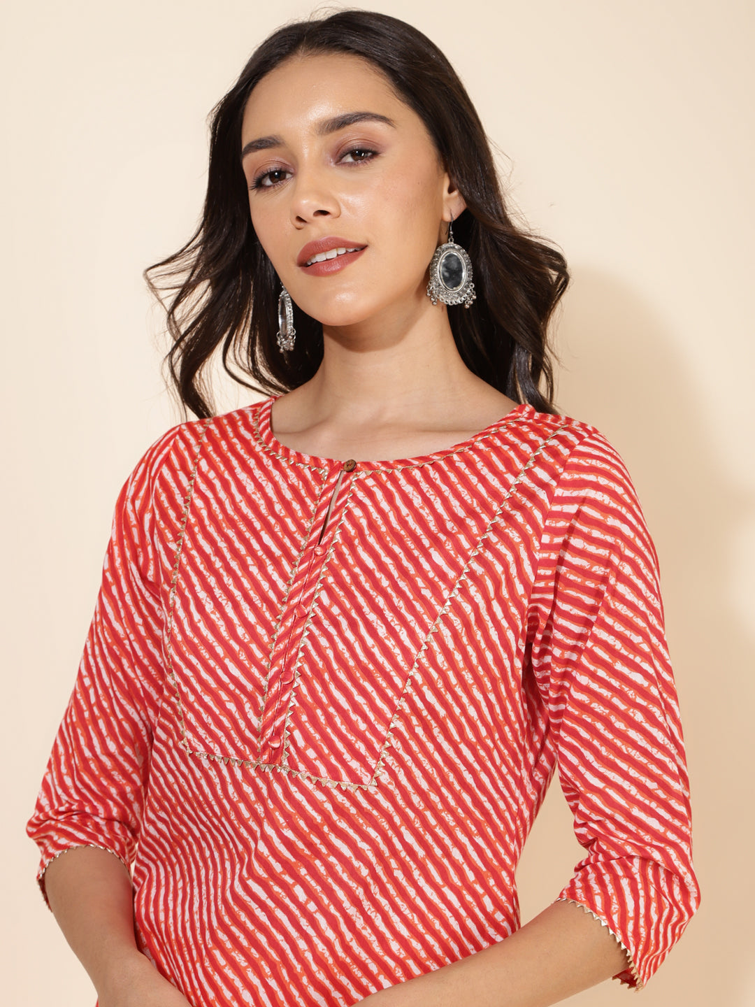 Janasya Red Cotton Striped Casual Kurta