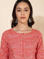 Janasya Red Cotton Striped Casual Kurta