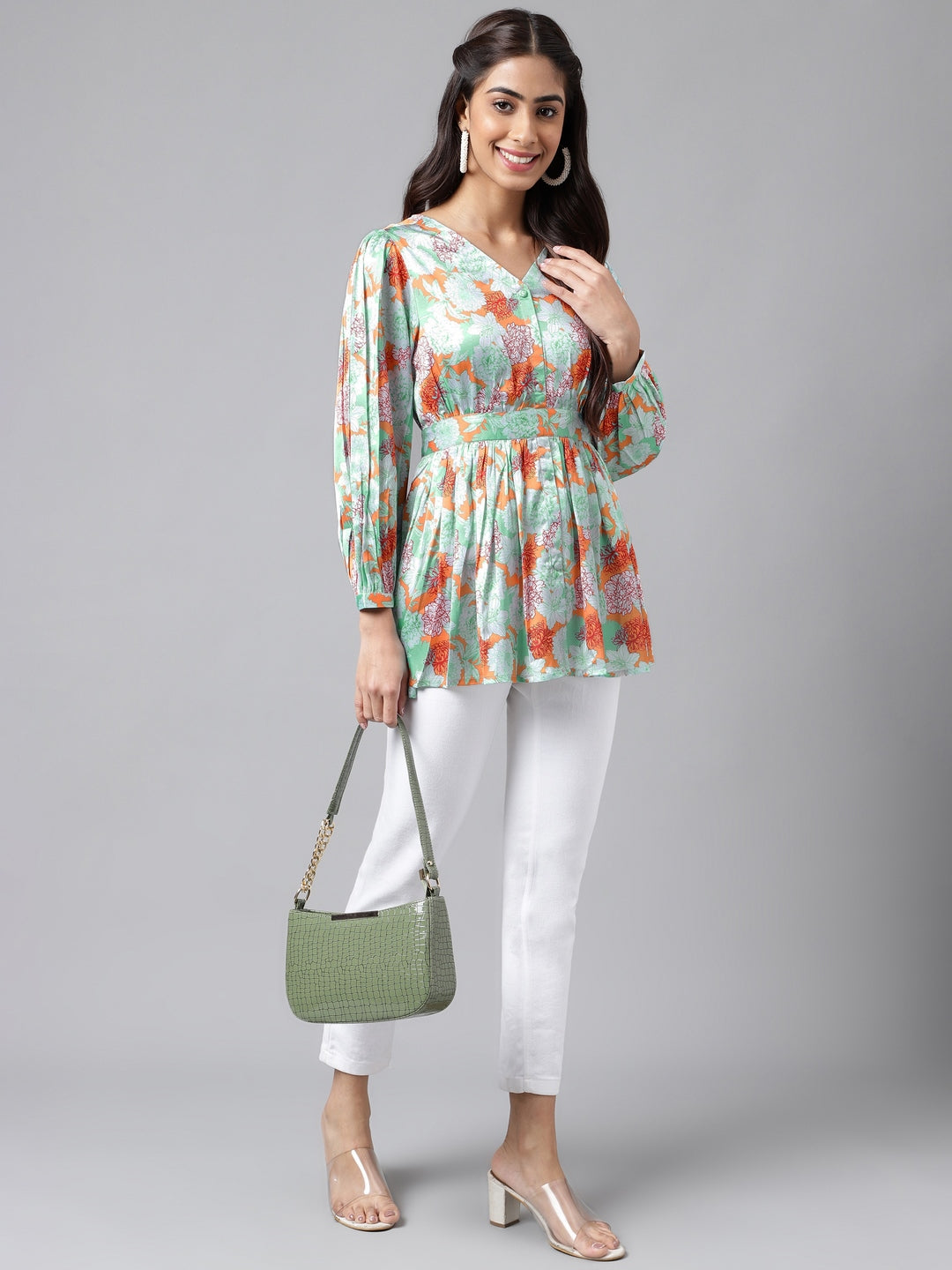 Janasya Women's Orange Satin Digital Floral Printed Casual Peplum Top